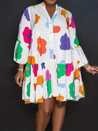 Grande taille automne imprimé fleuri femmes robes décontracté bouton lâche mode Streetwear Polyester col en V robes plissées 240111