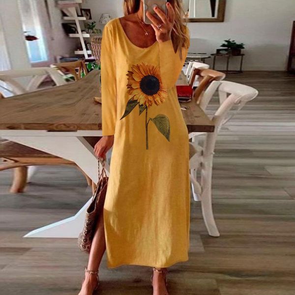 Talla grande otoño de manga larga playa vestido maxi vestido de mujer girasol impresión boho vestido largo ocasional o-cuello dividir vestidos de fiesta robe femme 210507