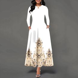 Plus taille d'automne hiver long robe femme blanche manche oneck robes élégantes fleurs décontractées imprimé vintage 240410
