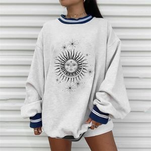 Plus Size Herfst Winter Sun Star Sweatershirts Casual Losse Pullover Leuke YOUG Meisjes Hoodies Vrouwelijke Kleding Grijze Oversize 210816