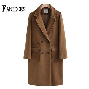 Abrigo de mujer de talla grande Otoño Invierno abrigo de longitud media bolsillos de doble botonadura chaqueta de abrigos de lana gruesa 210520