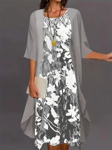 Grande taille automne femmes imprimé fleuri longue robe motif deux pièces col rond tempérament élégant 240329
