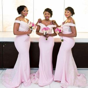 Plus Size baby pink mermaid bridesmaid dresses Sexy Off Shoulders Black Girls nigeria Lace Long Formal Prom Evening Gowns 2019 maid of honor