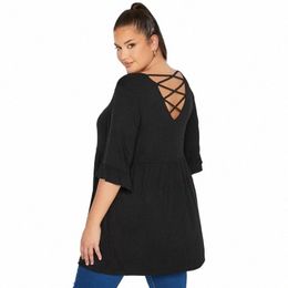 Plus la taille dos croisé été élégant tunique hauts femmes demi manches évasées col rond décontracté coupe ample chemisier péplum grande taille 7XL 12VG #