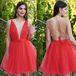 Vestidos de fiesta sin espalda de talla grande para jóvenes, vestidos cortos de fiesta con cuello en V, minivestido plisado de tul para fiesta de cóctel