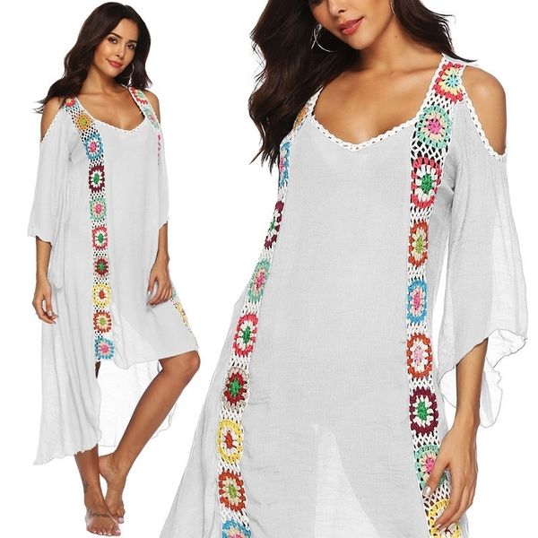 Vestido de playa de talla grande, traje de baño largo para cubrir, Bikini para mujer, traje de baño blanco grande, ropa de baño, ropa de playa, flor de ganchillo 2019 T190612