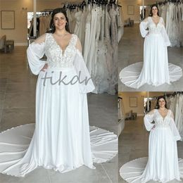 Plus size strand trouwjurken 2024 lange mouw v nek kanten hof trein boho bruid jurk elegante gatsby bohemian country bruidsjurken sprookje de mariee charming