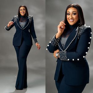 Plus Size Kralen Vrouwen Broekpak Sets Slim Fit Parels Blazer Top Sets Dames Feestmode 2 Stuks Op maat gemaakte outfits