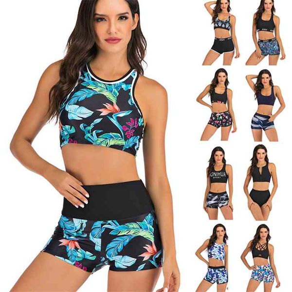 Tallas grandes Bikini Mujeres Imprimir Traje de baño Estilo deportivo Traje de baño Pantalones cortos Biquini Cintura alta Tankini Crop Top Traje de baño Mujer Playa 210611