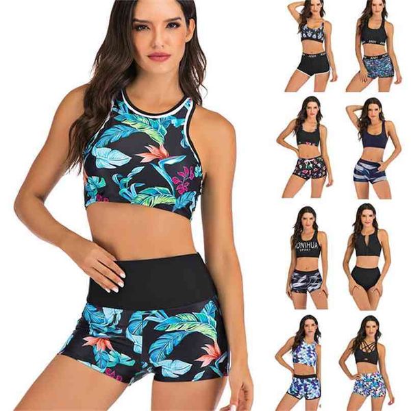 Tallas grandes Bikini Mujeres Imprimir Traje de baño Estilo deportivo Traje de baño Pantalones cortos Biquini Cintura alta Tankini Crop Top Traje de baño Mujer Playa 210702