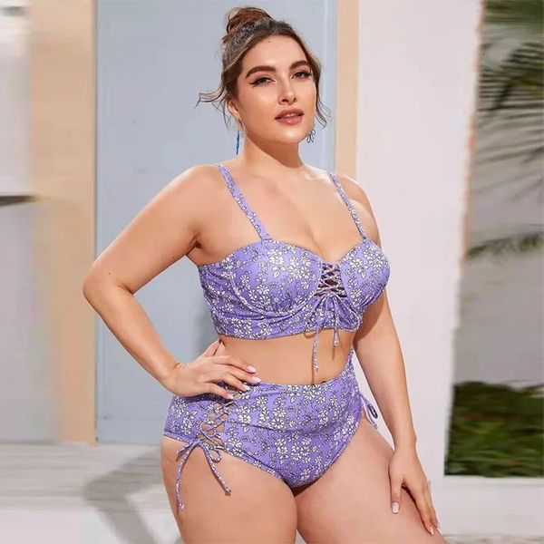 Bikini de talla grande Muezo floral Traicio de baño de cintura alta sexy para mujer de dos piezas Trazo de baño dividido para la primavera y verano 240509