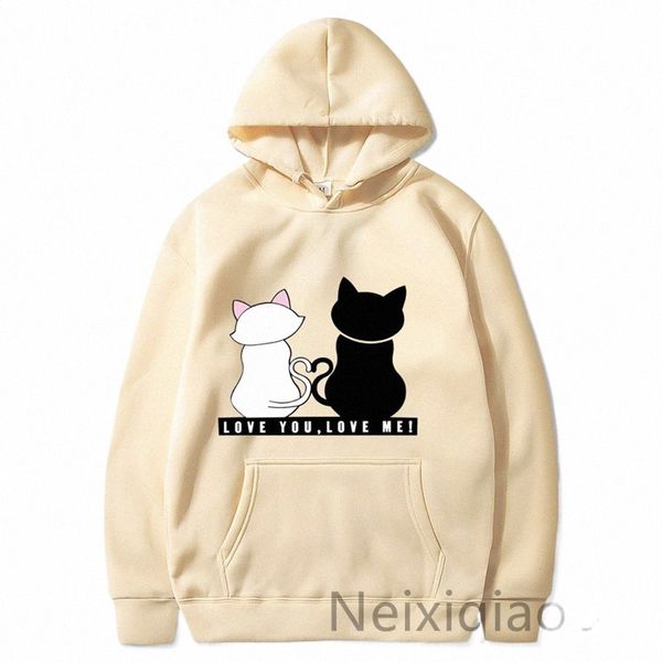 Plus la taille noir et blanc chat couple pull imprimé sweat à capuche femmes hommes automne hiver polaire chaud lg manches basique femme pull l7ZN #