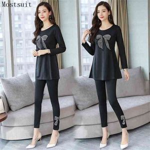 Plus Size Black Casual Kralen Tweedelige Set Vrouwen Lange Mouwen Tops + Skinny Elastische Wacht Broek Sets Pakken Kostuums van vrouwen M-5XL 210513