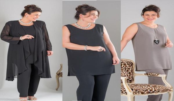 Tallas grandes Negro Gris Trajes de pantalón para madre de la novia con chaqueta Trajes de pantalón para madre de novia Gasa para fiesta de bodas Mujer Salida formal3861108