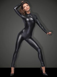 Plus Size Zwart Lange Mouw Bodysuit Exotische Catwoman Skinny Jumpsuit Sexy Rits Open Cruces Catsuit Lady Novelty Party Clubwear