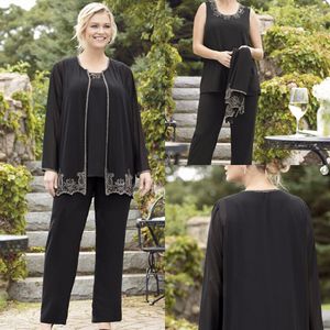 Tallas grandes Negro Madre de la novia Trajes de pantalón con chaqueta Gasa Apliques Invitado de boda Vestido de novio Traje de madre barato Prenda larga