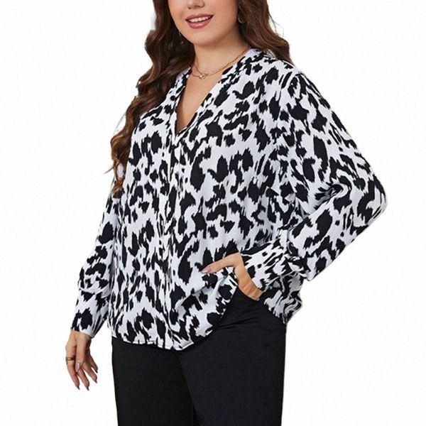 Plus la taille noir blanc imprimé léopard chemisier 4XL femmes vintage manches lg col en V chemises décontractées chemisiers surdimensionnés lâches haut blouse g4zq #