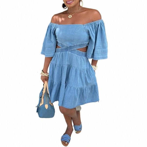 Grande taille bleu quotidien Denim épaules dénudées avec poche Midi Dres 25C4 #