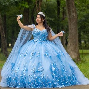 Robes De Quinceanera à fleurs bleues grande taille Charro robes De Xv Mexicanos robe d'anniversaire douce 16 manches Cape Photoshoot bal fête perlée robes De 15 Anos 2024