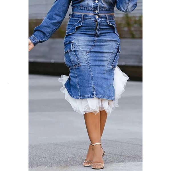 Jupes de grande taille en denim bleu formel avec poches en tulle 240328