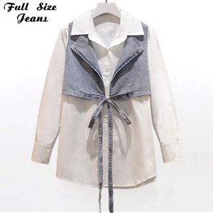 Plus size blauw jeansjack met geen mouwen Vest witte blouse 2 tweedelig sets 4xl mouwloze denim riem jeans jassen in het vaker damesvest