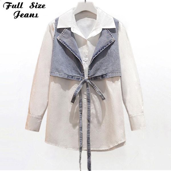 Veste en jean bleu grande taille sans manches gilet chemisier blanc 2 ensembles deux pièces 4XL ceinture en jean sans manches vestes en jean gilet gilet pour femme