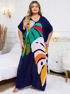 Plus la taille bohème noir plante imprimé caftan robe 2024 vêtements d'été femmes robe d'été vêtements de plage robes maxi Q1476 240202