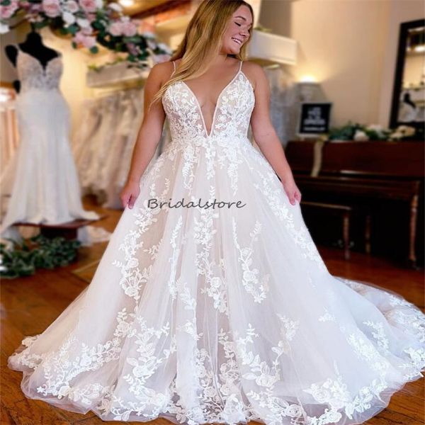 Plus La Taille Boho Robe De Mariée 2023 Élégant Une Ligne Tulle Dentelle Bohème Robes De Mariée Appliques Dos Nu Col En V Plage Pays Mariée Robes De Novia abito da sposa