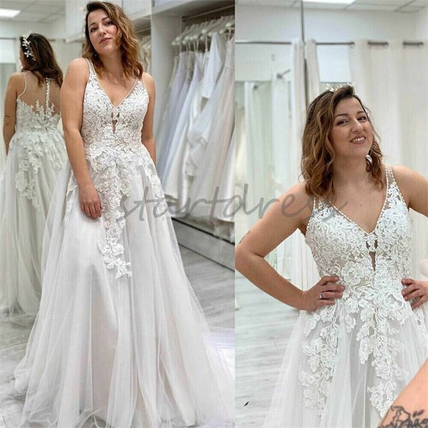 Robe de mariée Boho grande taille, col en V, ligne A, robe de mariée en dentelle bohème, élégante, en Tulle, robes de mariée de plage, longueur au sol, sur mesure, 2024