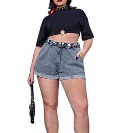 Plus la taille Boyfriend lâche retrousser bleu clair jean court 4XL femmes ourlet brut taille haute gris denims pantalons chauds jean à revers shorts C67t #