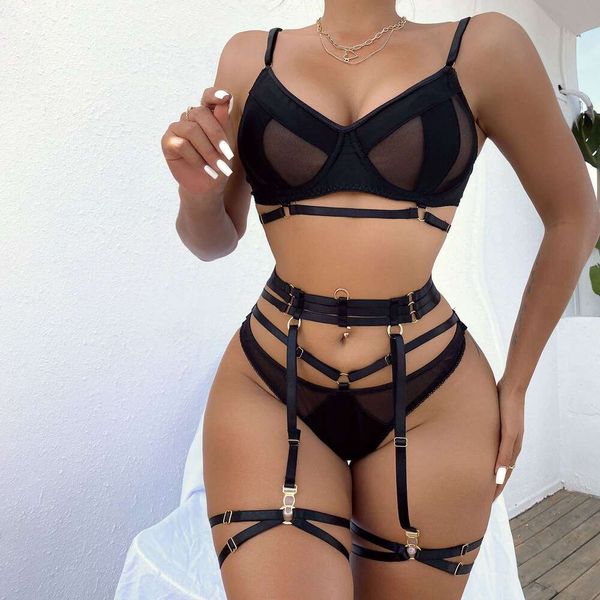 Conjunto de lencería exótica de talla grande, sujetador, bragas y Liga, conjunto de ropa interior, disfraz de Cosplay erótico, picardías de encaje Sexy