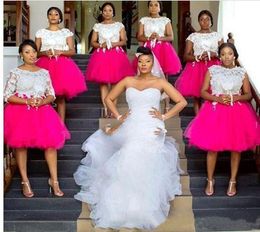Plus size bruidsmeisje jurken Afrikaanse juweel korte afgedekte mouwen met kanten applique bruiloft gastjurken rug ritssluiting knie-lengte feestjurk
