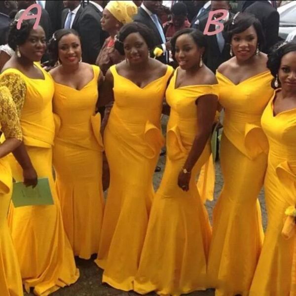 Vestidos de dama de honor de color amarillo brillante de talla grande 2018 Sirena de satén con cuello en v Vestidos largos de dama de honor para boda Vestidos de noche de mujeres africanas