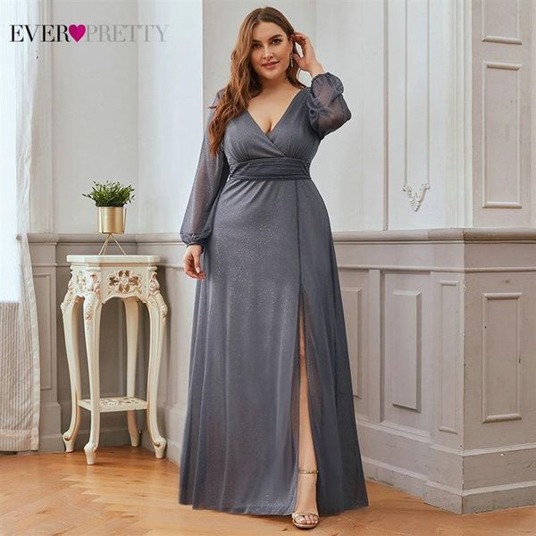 Ever Pretty – robe de bal bordeaux grande taille, ligne a, décolleté en V profond, fente latérale, manches longues, sexy, scintillante, robes de soirée formelles, Sukienki 201259L