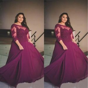 Plus Size Bordeaux Galajurken Kant Appliqué Avondjurken met halve lange mouwen Doorzichtige hals Speciale goedkope formele feestjurken SD3355306S