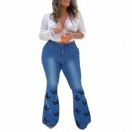 Plus Size Butter Fly Print Indie Esthétique Flare Jeans 5XL Vintage Y2K Stretchy Skinny Melody Denim Pantalon Large Jambe Bell Bottoms B6N9 #