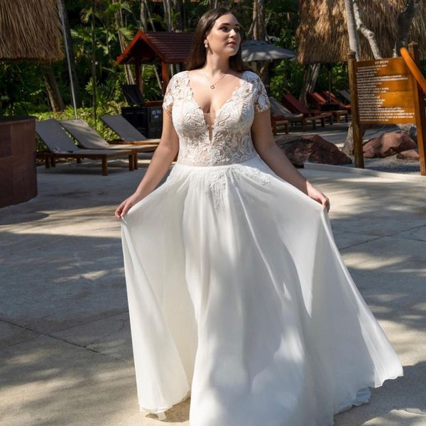 Grande taille Cap manches une ligne robes col en V dentelle Appliques cristal ceinture Boho robe de mariée en mousseline de soie robes de mariée civile 326 326