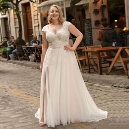 Plus la taille mancherons une ligne robes de mariée de mariage col en V dentelle appliques côté fendu robe de mariée balayage train en mousseline de soie robe de mariée