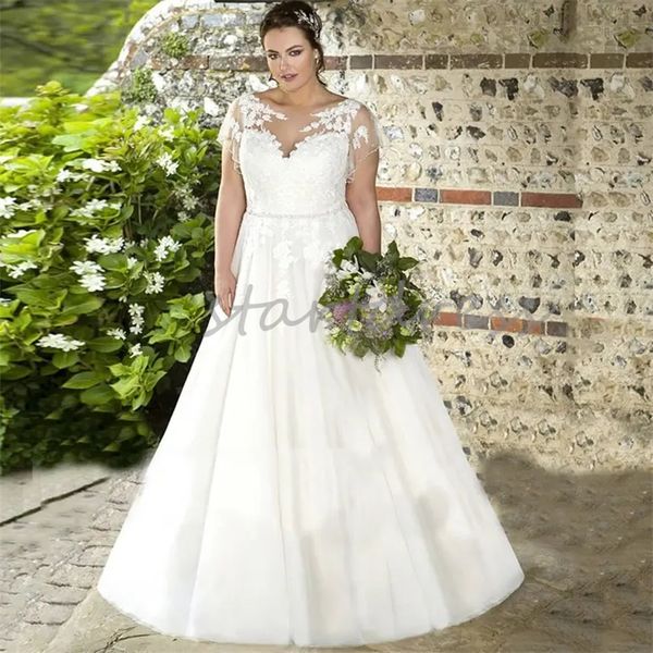 Plus la taille Cape manches robe de mariée col transparent une ligne pays robe de mariée Appliques dentelle dos nu robes de mariée élégante Abiti Da Sposa Vestios De Novias