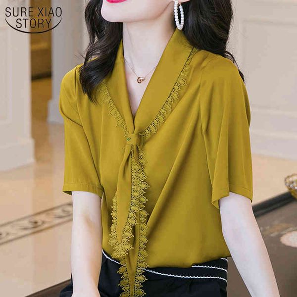 Grande taille Cardigan hauts soie jaune chemise à manches courtes femmes été bureau dentelle couture Satin Blouse col en V 10185 210508