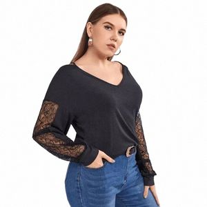 Blusa informal de talla grande para mujer, retales de encaje con cuello en V sexi, hombros caídos, manga LG, camiseta elegante Fi de primavera para mujer 6XL 98xW #