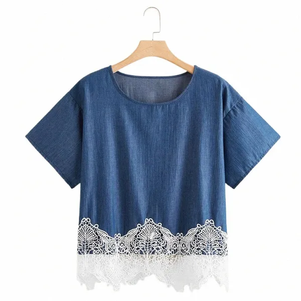 Tallas grandes Casual Denim Tops Mujeres 5XL 6XL 7XL Patchwork de encaje Manga corta Verano Primavera Cott Camiseta Damas Tamaño grande Tee 8XL Q2KU #