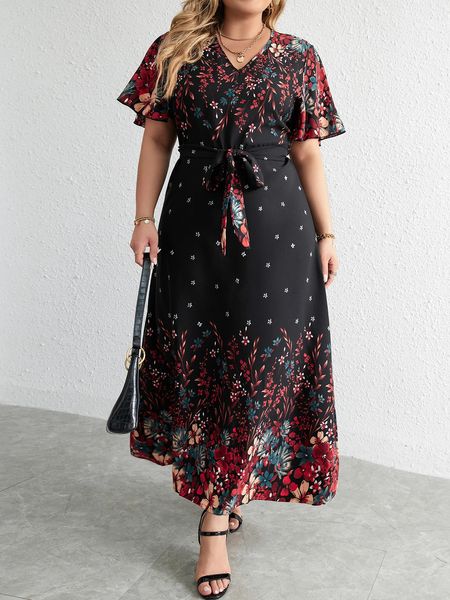 Grande taille tenue décontractée femme été col en V à manches courtes imprimé fleuri robe longue noir taille courbée femmes vêtements 240219