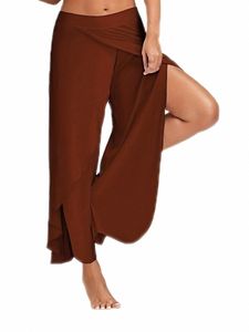 Grande taille décontracté haute fente fluide couches pantalon lâche Yoga pantalon large jambe pantalon pour les femmes I6R7 #