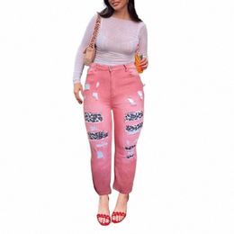 Jeans décontractés de grande taille, jeans skinny extensibles à taille haute et imprimé léopard pour femmes L0ha #