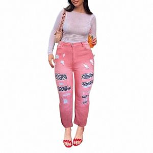 Casual jeans met grote maten, dames plus colorblock luipaardprint, gescheurde butt-fly, hoge taille, skinny jeans met hoge stretch y9PI#