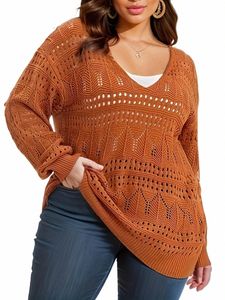 Haut en tricot décontracté de grande taille, pull-over transparent à manches LG et col en V pour femmes, pull d'automne et d'hiver j8pb #