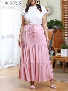 Plus maat Casual monochromatische roze gegolfde kantup lange rok elegante en mooie geplooide elastische taille zomercake 2023 240328