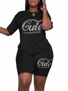 plus size casual outfits tweedelige set, dames plus rhineste letter korte mouw tee shorts outfits 2-delige set q0WM#