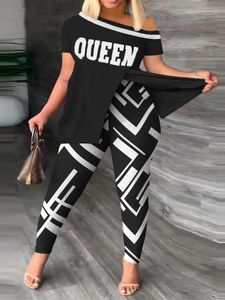 Tenues décontractées grande taille ensemble deux pièces pour femmes plus imprimé une épaule ourlet fendu haut extensible moyen leggings tenues 2 pièces 240130